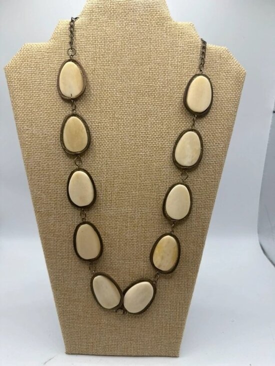 No Label Jewelry - Long Cream Faux Stone Statement Necklace Antique Bronze Tone Boho